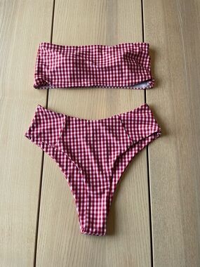 ZAFUL Red Gingham Bandeau Bikini Set size 6 ladies strapless bikini high waisted